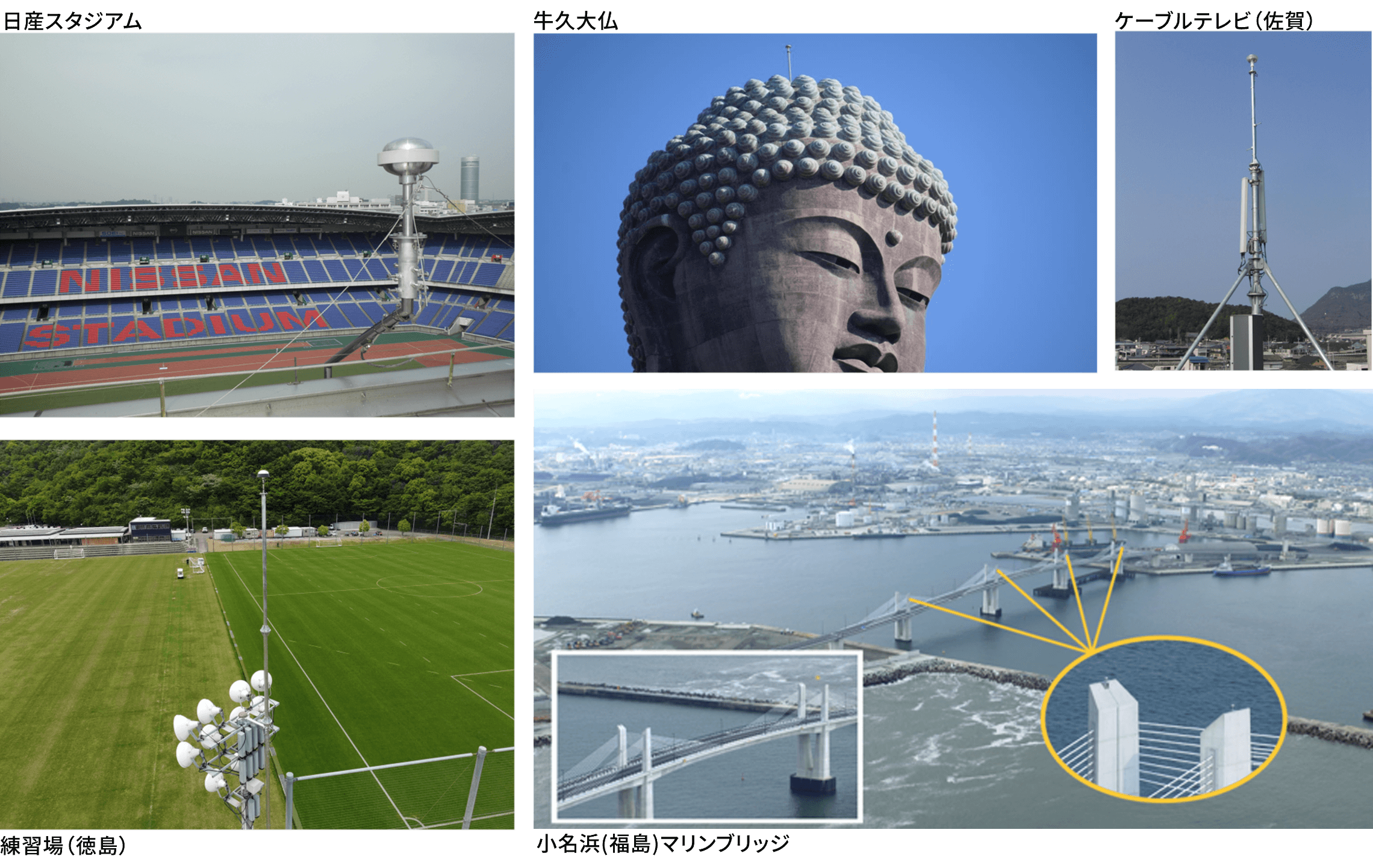 画像:日産スタジアム 牛久大仏 ケーブルテレビ局（佐賀） 練習場（徳島） 小名浜（福島）マリンブリッジ